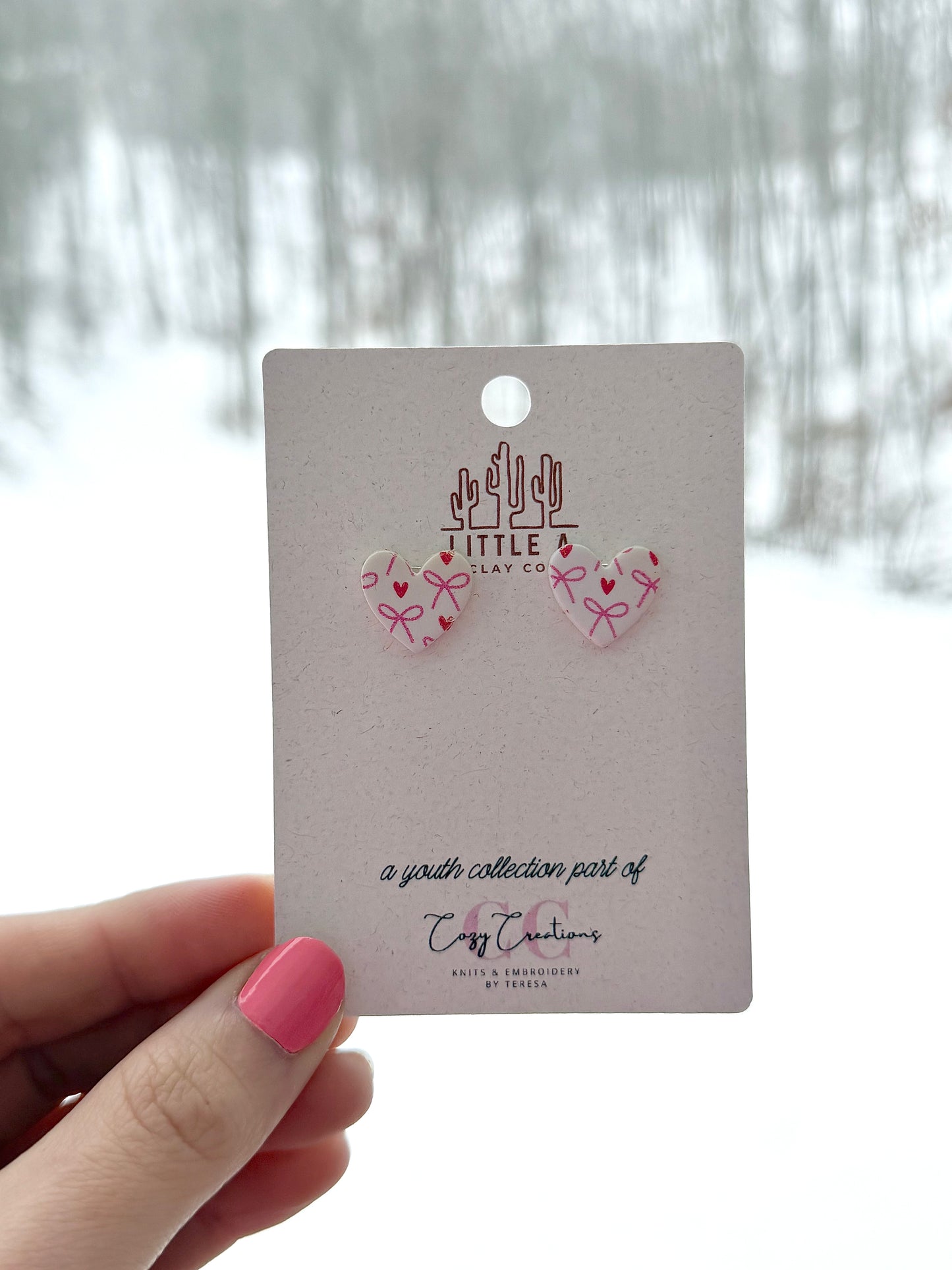 White Heart Studs with Pink Bow Pattern