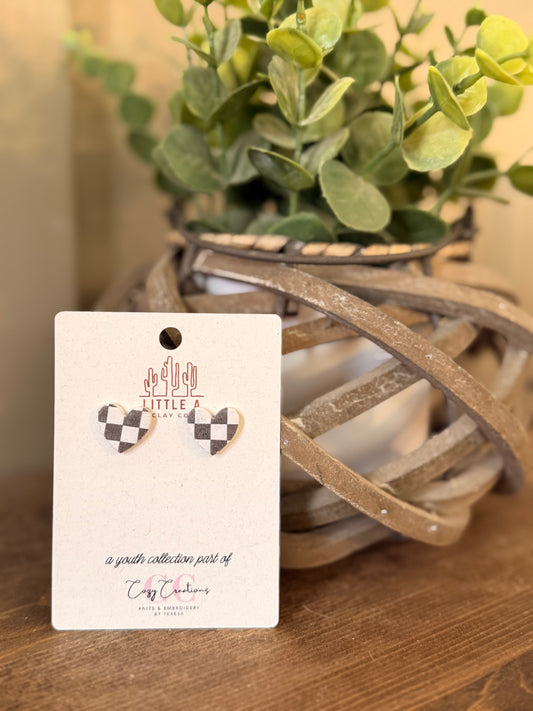Black & White Checkered Heart Studs