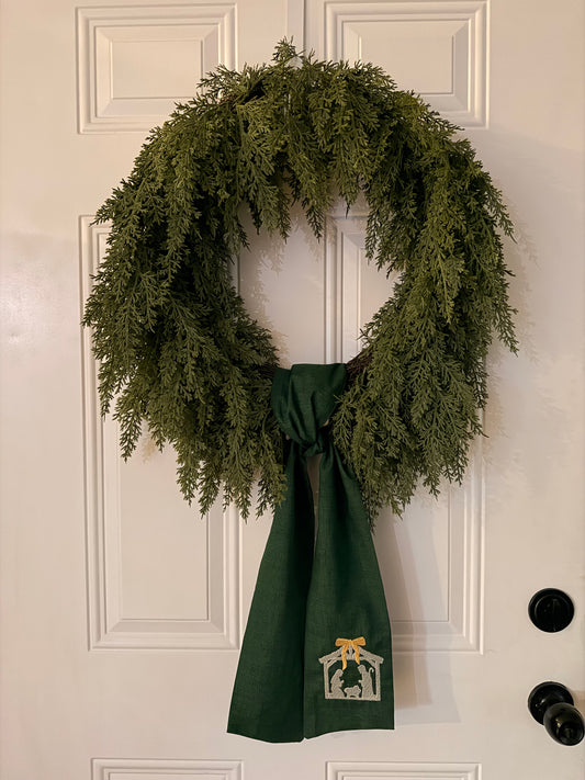 Christmas Wreath Sash – Green with Embroidered Nativity Scene